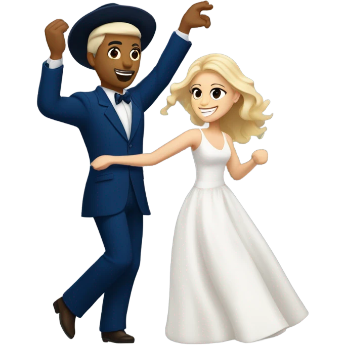 Puerto rican beard short hair with blue hat and navy blue suit first dance with blond long hair girl with white  wedding dress  emoji
