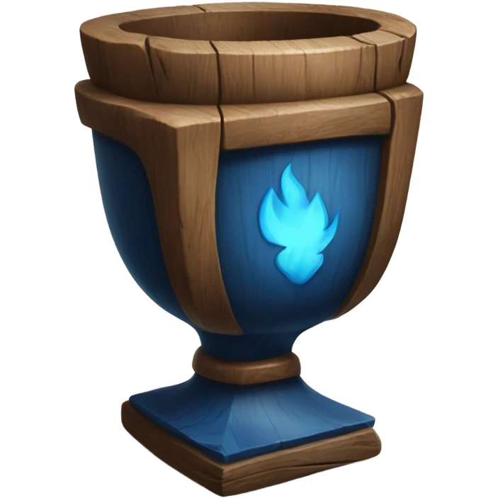 A magical goblet, large and imposing, made of aged wood with a smooth surface. It emits a kind of blue fire, standing out as a symbol of power and mystery. emoji