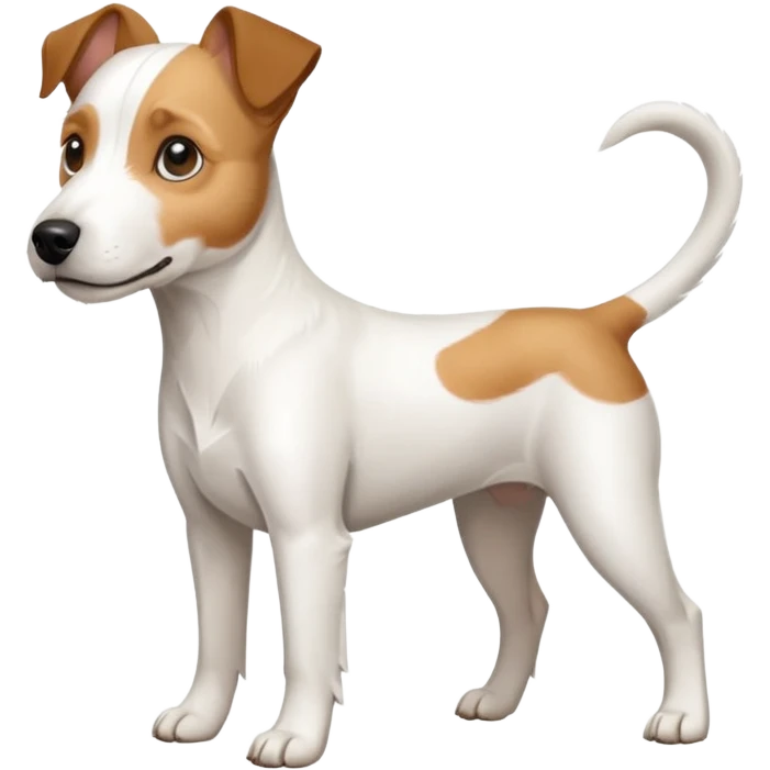 a full body white parson russell looking dog the size of a kelpie with light brown ears and a light brown patch on one eye and a large snout emoji