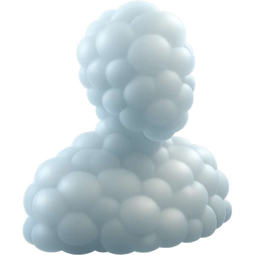 person made entirely of pure white convex clouds, shoulder up, front view, matte glass style emoji