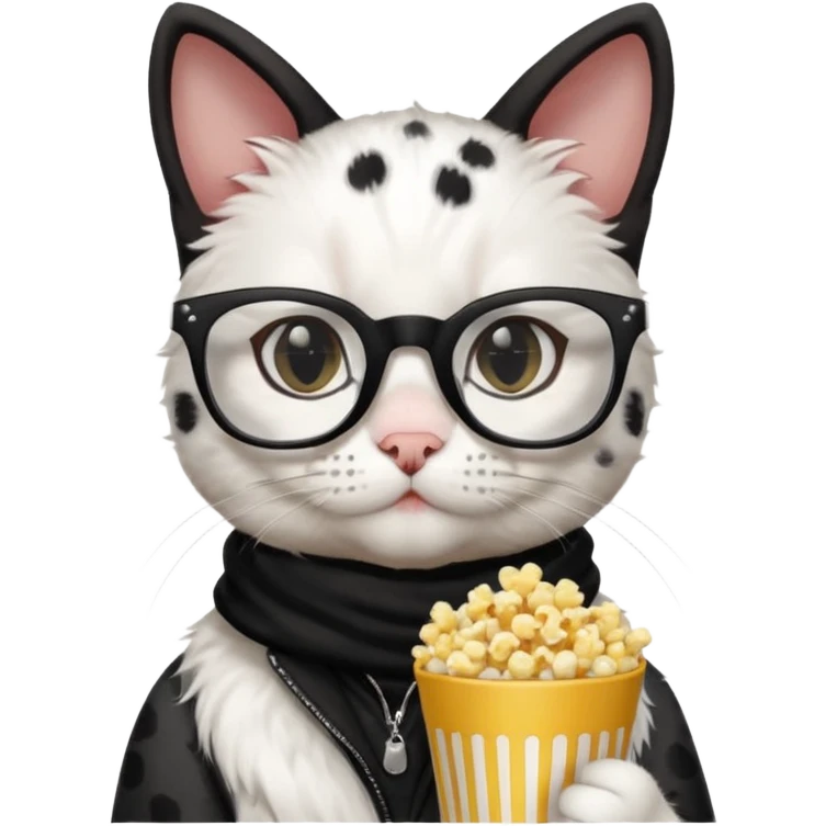 white and balck cat with with rapper popcorn with opticals emoji