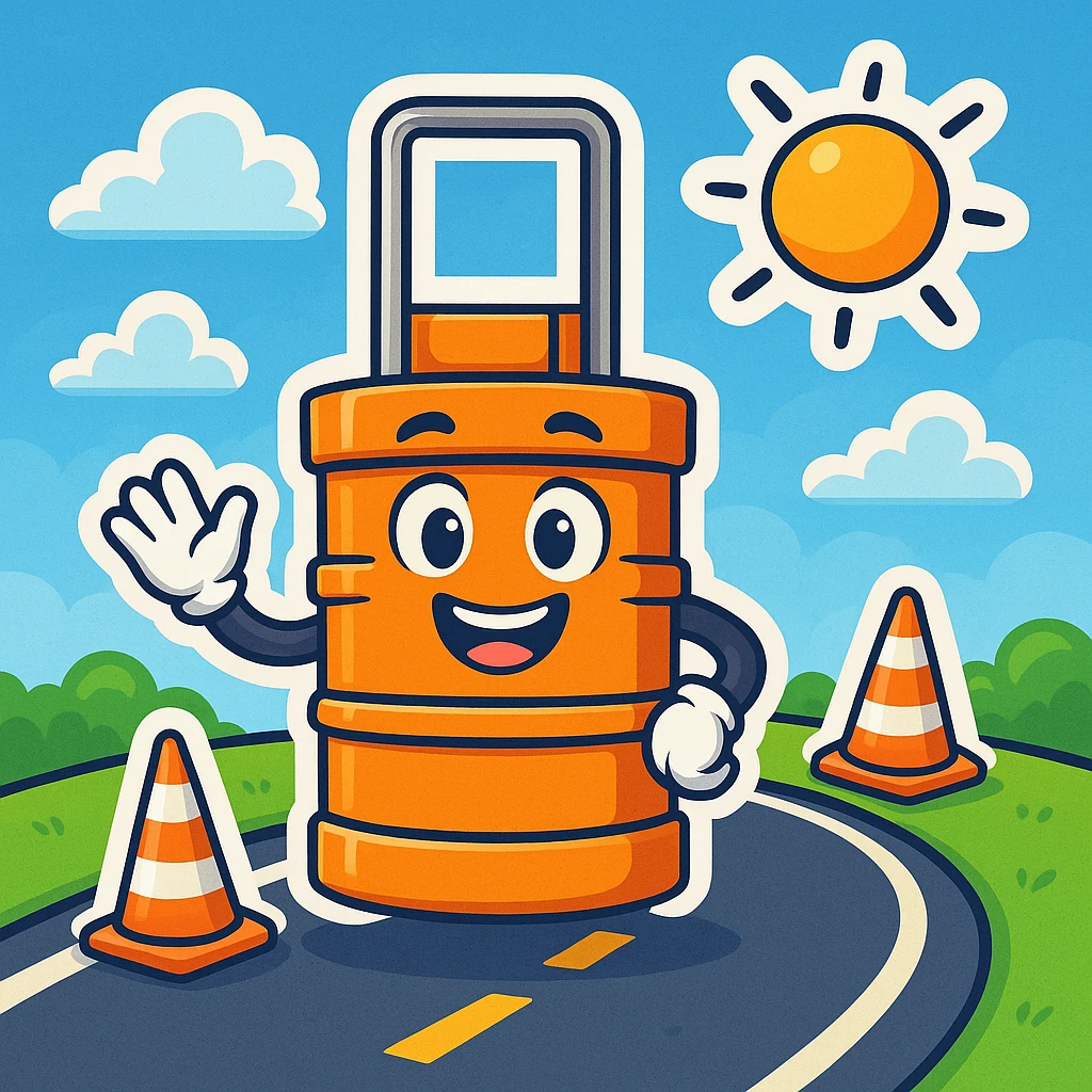 Make a fun cartoon scene with the orange road construction barrel as the main character. Add a bright, playful background with a road, some traffic cones, and a blue sky with clouds in the style of cartoonish stickers. emoji