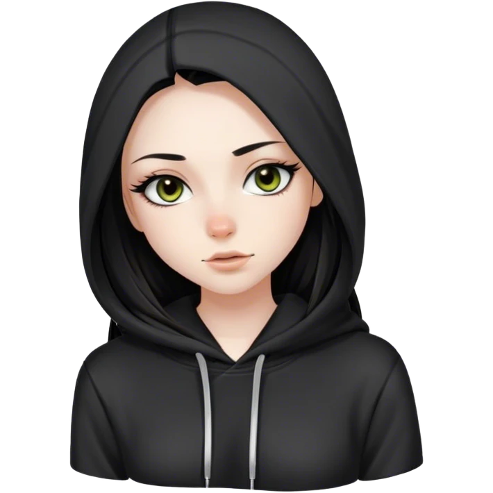 Girl with black long straight hair, lashes, hazel eyes, pale skin, nose peircing, black hoodie emoji