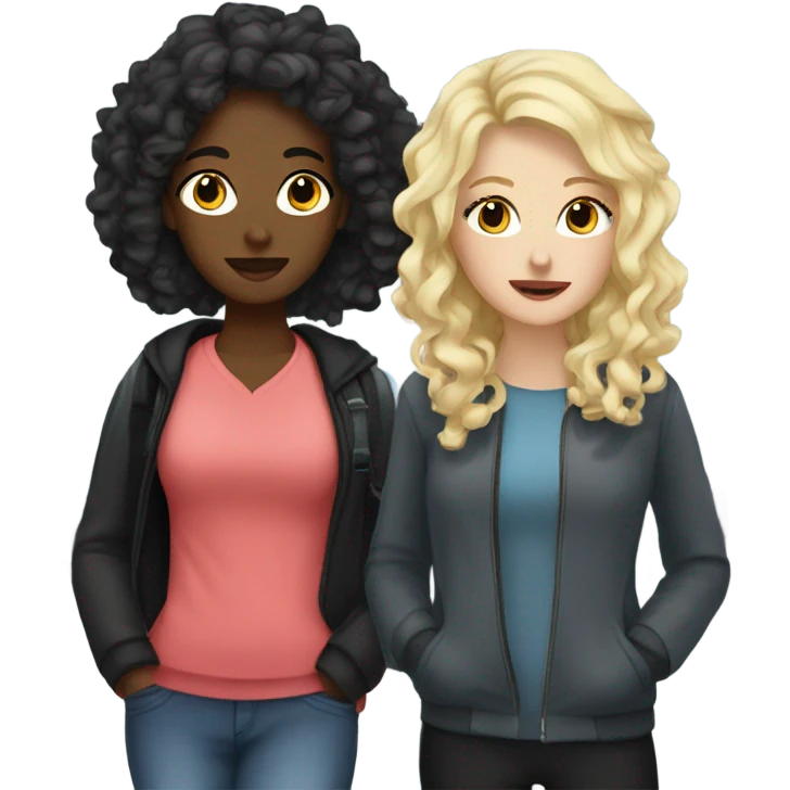 Two tired white girls one blonde and one with black curly hair at the airport  emoji