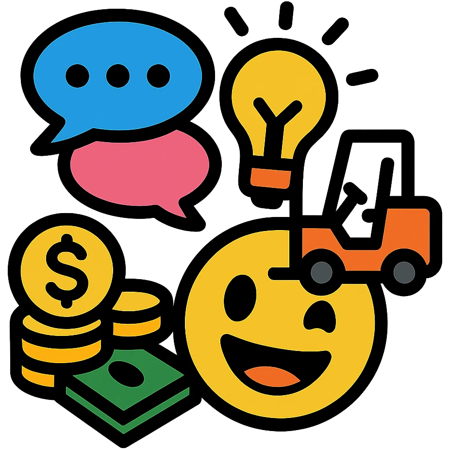 colorful emoji combining multiple elements: speech bubbles representing lots of discussion, a light bulb for new ideas, coins or bills for money, a forklift, and a joyful expression, clear and readable composition emoji