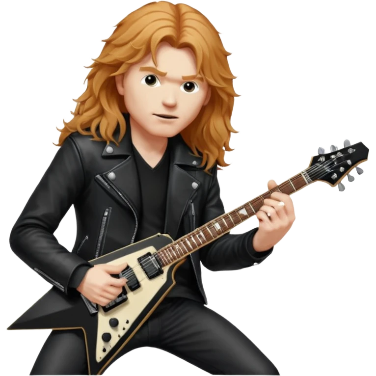 Dave mustaine from the band megadeth playing on his black Gibson flying v guitar large emoji leather jacket long redish blonde hair  emoji