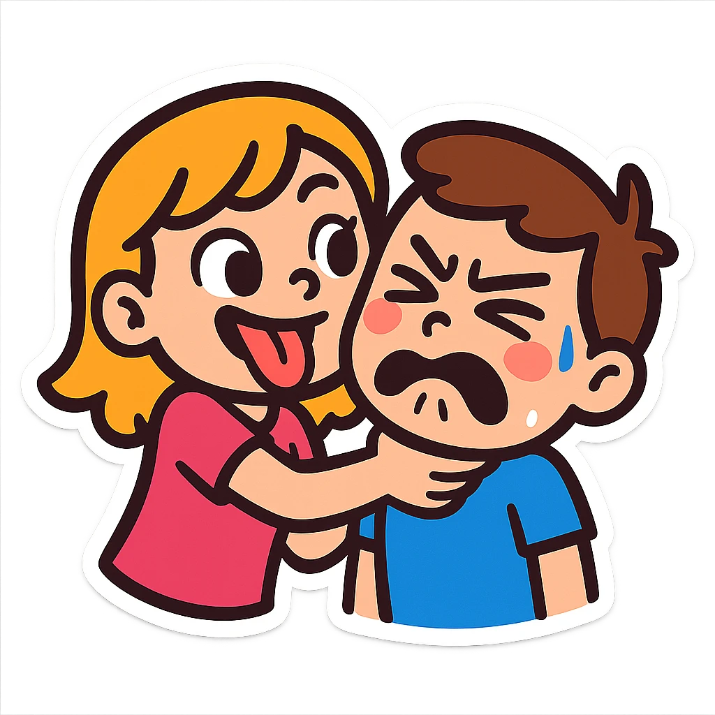 playful cartoon emoji sticker of a girl teasingly holding a boy's neck, both with exaggerated cute and funny expressions, vibrant colors, ideal for chat stickers emoji