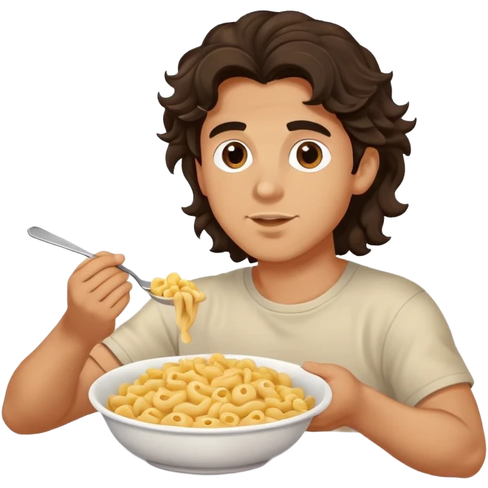 greek young man with mid length dark wavy hair, eating macaroni  emoji