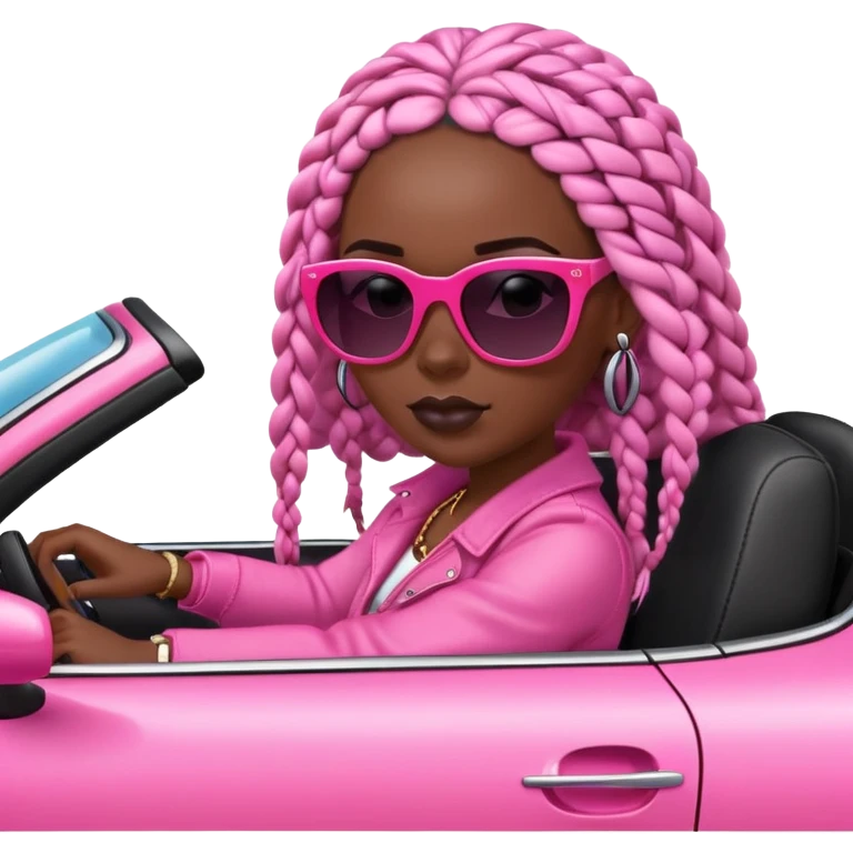 A dark-skinned Black woman with black box braids, driving a pink car emoji