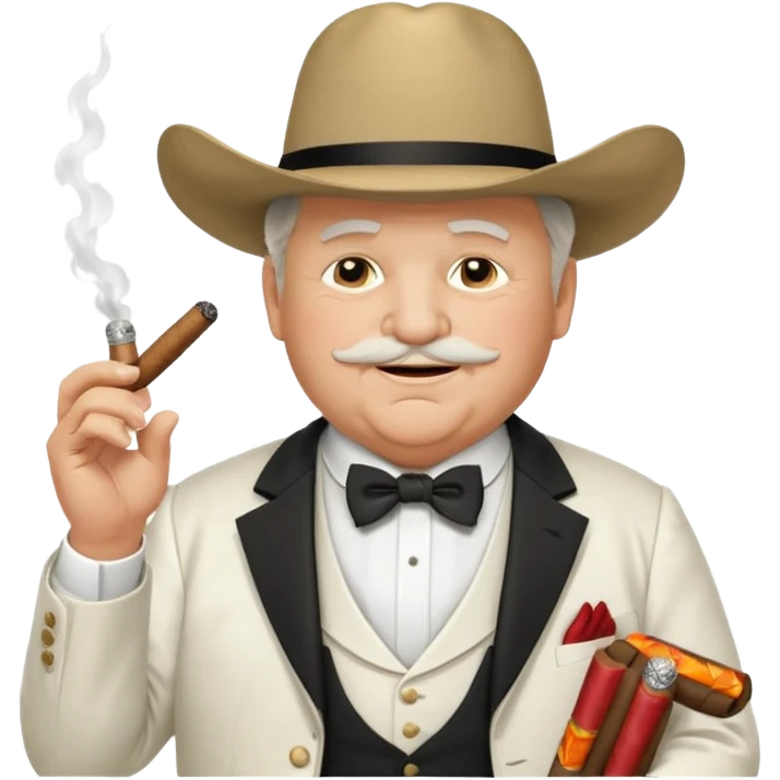 Create an emoji of an older, chubby man wearing an elegant all‑white suit with white waistcoat, white bow tie, and a large white cowboy hat. He is smirking confidently and holding a lit cigar in one hand in front of his chest. The character should look like a greedy, arrogant rich politician. emoji