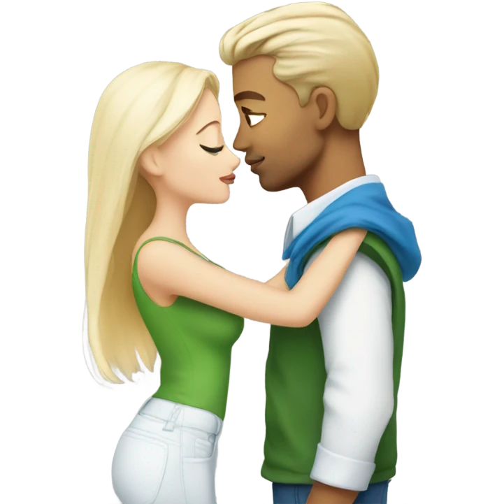 dirty blonde hair and blue eyes man sharing a kiss with platinum blonde hair green eyes woman emoji