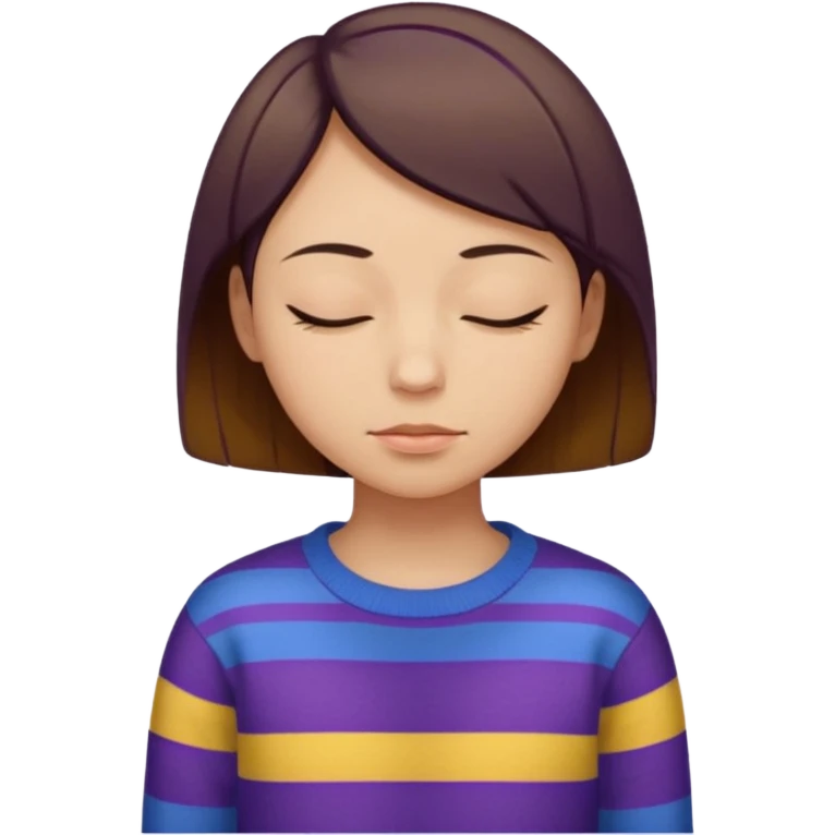 Humano de piel amarilla con los ojos cerrados y cara inexpresiva y pelo cafe corto al hombro con un suéter azul con rayas moradas  emoji