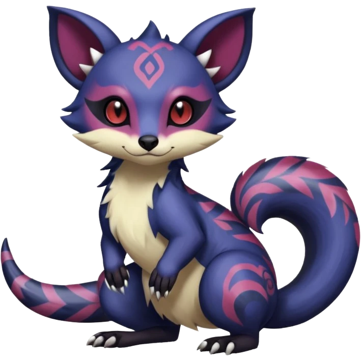 Rare warm-colored exotic gloomy tropical edgy cute epic aesthetic spooky indigo purple white black red gothic colorful Salandit-Furret-Espurr-Meowstic-Civet-species-Fakemon-hybrid-creature, with tribal tattoo markings, full body emoji