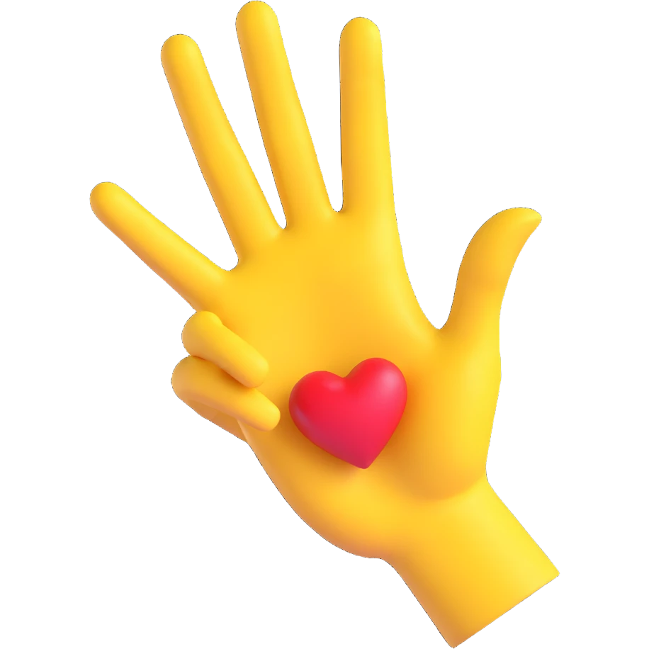 yellow hand making the 'OK' gesture, 3D emoji style, with a heart on the back of the hand emoji