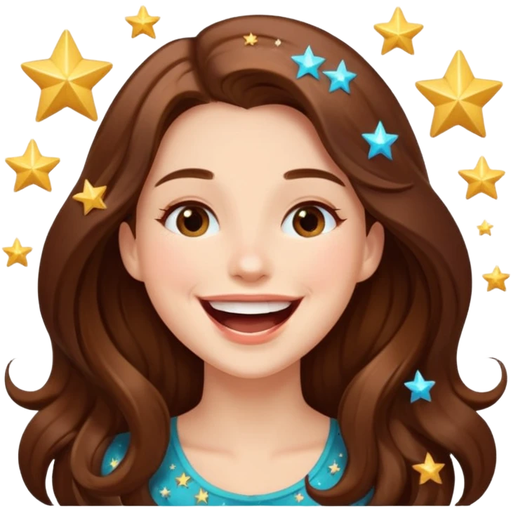woman with long brown hair laughing with stars and sparkles, light beige emoji