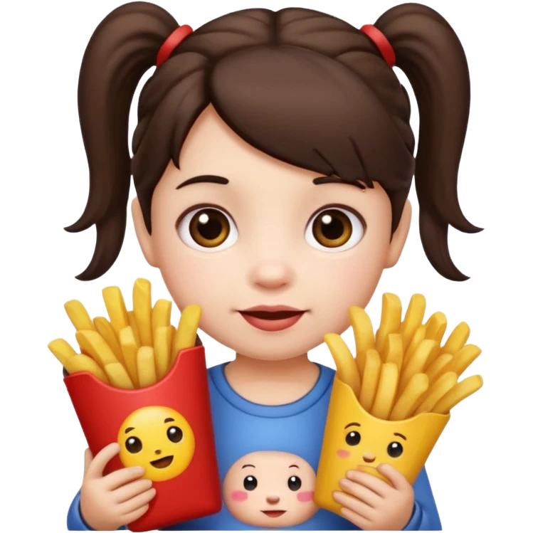 Toddler emoji with two pigtails dark brown hair, fair skin, holding French fries emoji