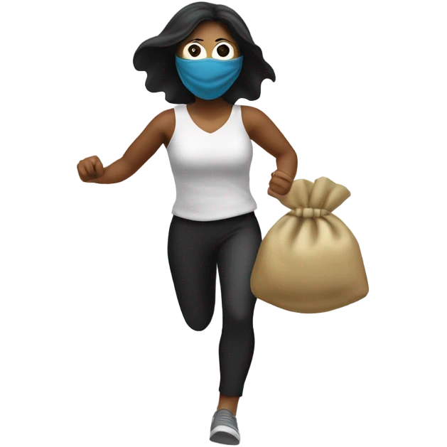 masked woman with money bag over shoulder running emoji