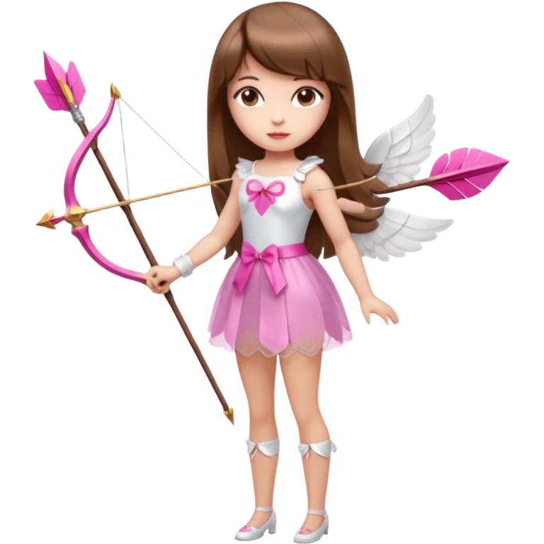 Hada de piel clara cupido pequeña  de cabello largo lacio castaño con flequillo y ojos cafés  vestida con algo sensual semitransparente corto color blanco o rojo con 1 arco y una sola flecha que combinen y labios rositas tipo Barbie pero en hada cupido de cuerpo completo de pies a cabeza   emoji