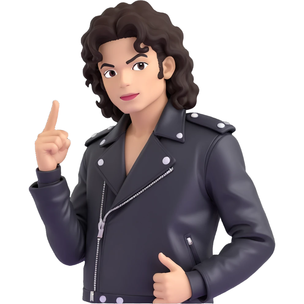 Michael Jackson in his 'Bad' era, black leather jacket, curly hair, intense expression, pose 1 emoji
