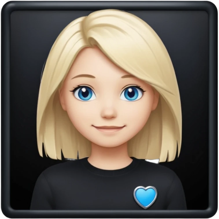 a new character a girl with shoulder length blonde hair wearing black clothes and wearing a cheeky smile she has blue eyes her black sweater has an emo style badge emoji