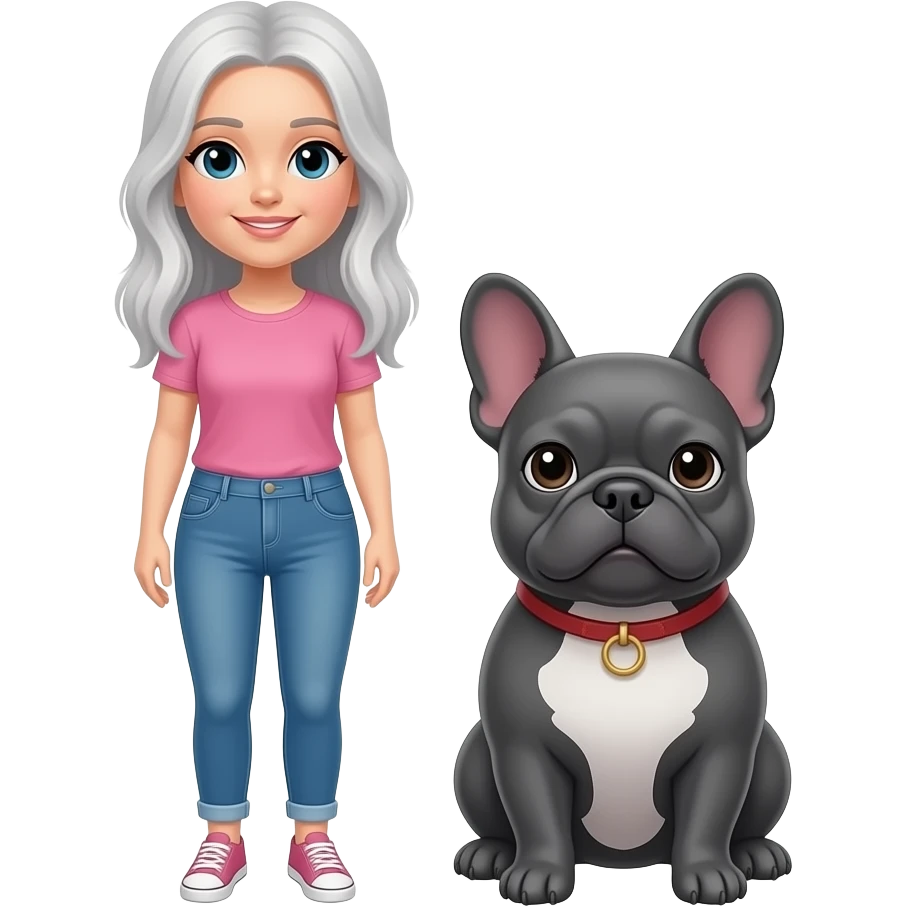 White woman with long white gray hair with plump gray french bulldog emoji