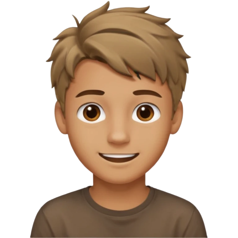 create an emoji of a teenage man, slightly tanned face, smile. he has an cool look, very very messy dark blonde hair, dark brown eyes, natural lips. he wears a short sleeve very brown shirt emoji