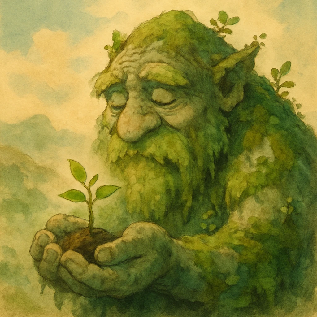 An ancient mountain spirit resembling a wise old creature with stone-like skin covered in moss and small plants growing from its body, gently cradling a tiny sapling, painted in a soft whimsical style emoji
