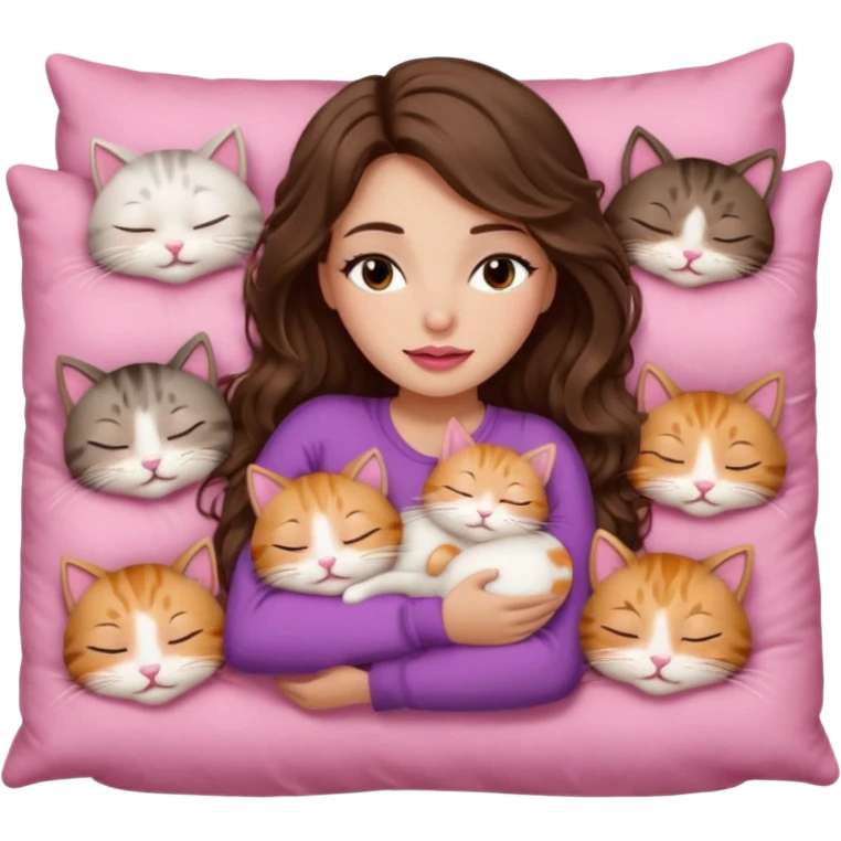 girl with long wavy brown hair, brown eyes, long lashes makeup, sexy pink lips, light to medium complexion,  sleeping on a cozy pillow, with 6 cute cats, sleeping emoji