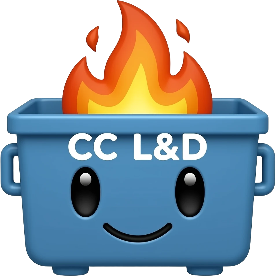 a blue dumpster fire with a cute face on the front and the words CC L&D emoji