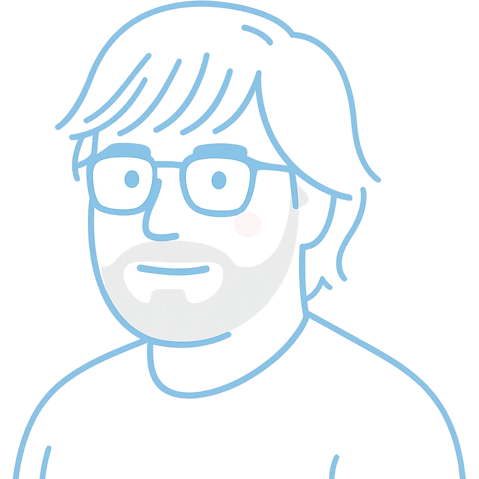A man with stylish glasses, attractively disheveled longer hair that still looks nicely styled with perfect bangs across the forehead, a round face shape, and a broader nose. Use light sky blue for all primary outlines and details, very subtle pink highlights restricted to the cheeks, and gray tones used only for the beard and minimal shadow details where necessary. emoji