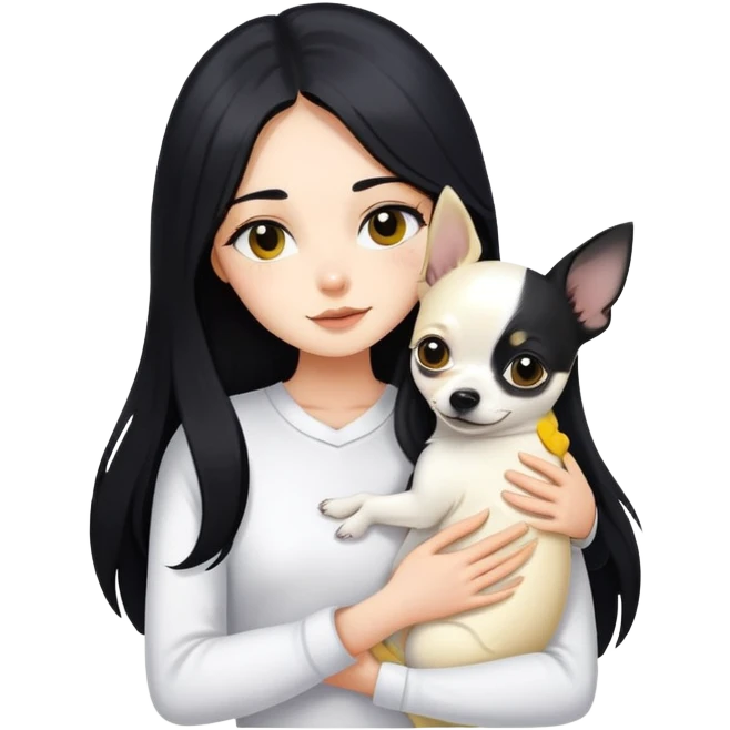 Fair skin girl - long black hair - white clothes - hugging a black, yellow and white Chihuahua emoji