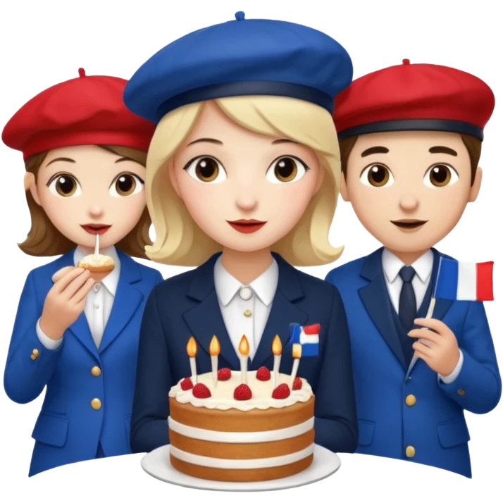 a french style elegant girl being recorded by 2 elegant guys with a french flag  and the girl eating a cake emoji