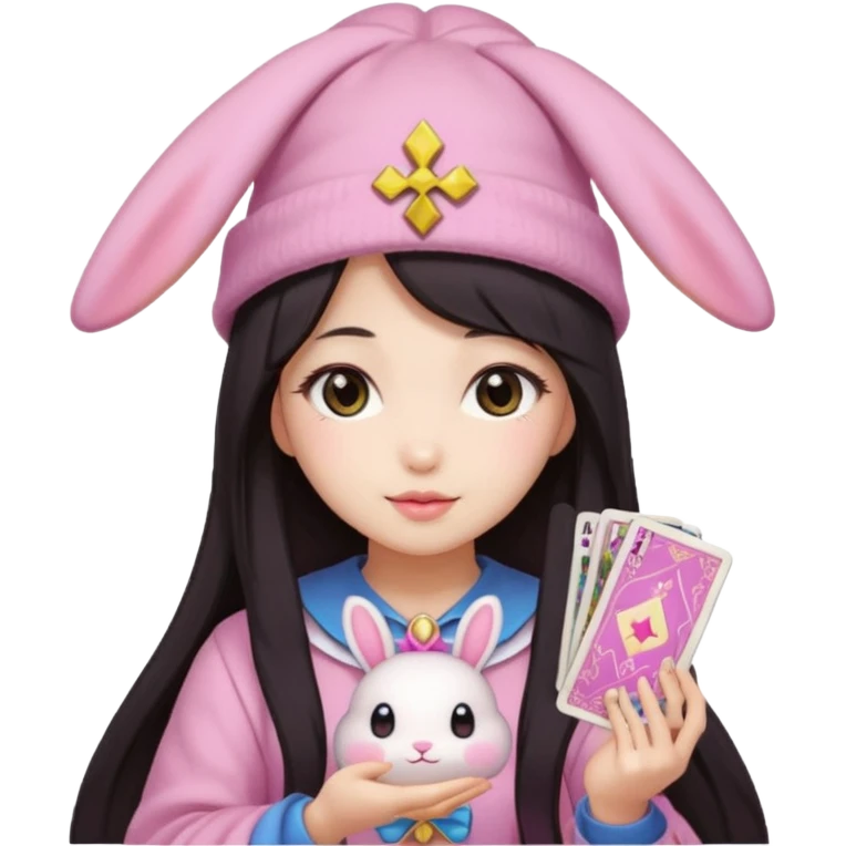 pixel art chibi asian girl with dark long hair in pink bunny hat magical girl with kawaii tarot cards thrown in air pixel emoji emoji