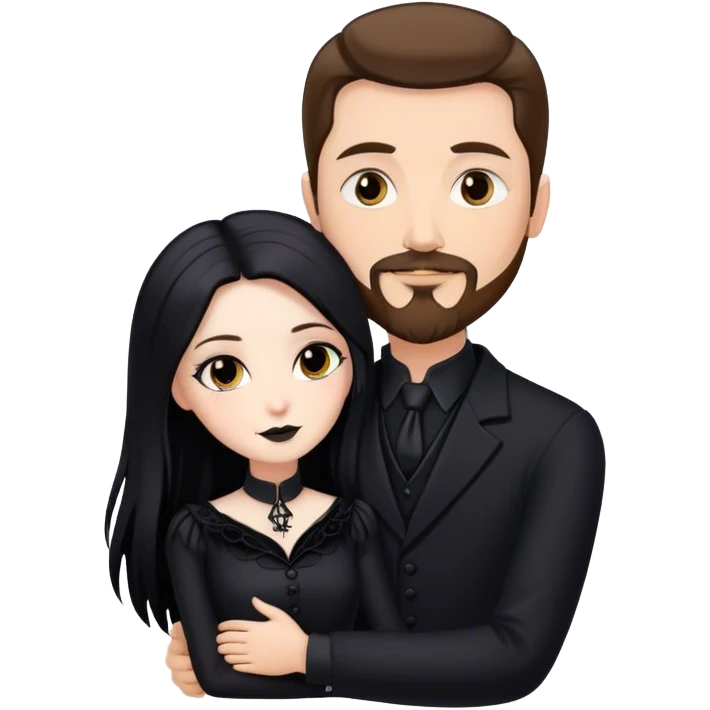 tall white man with brown hair goatee mustache hugging a goth woman with long black hair, wearing formal clothing emoji