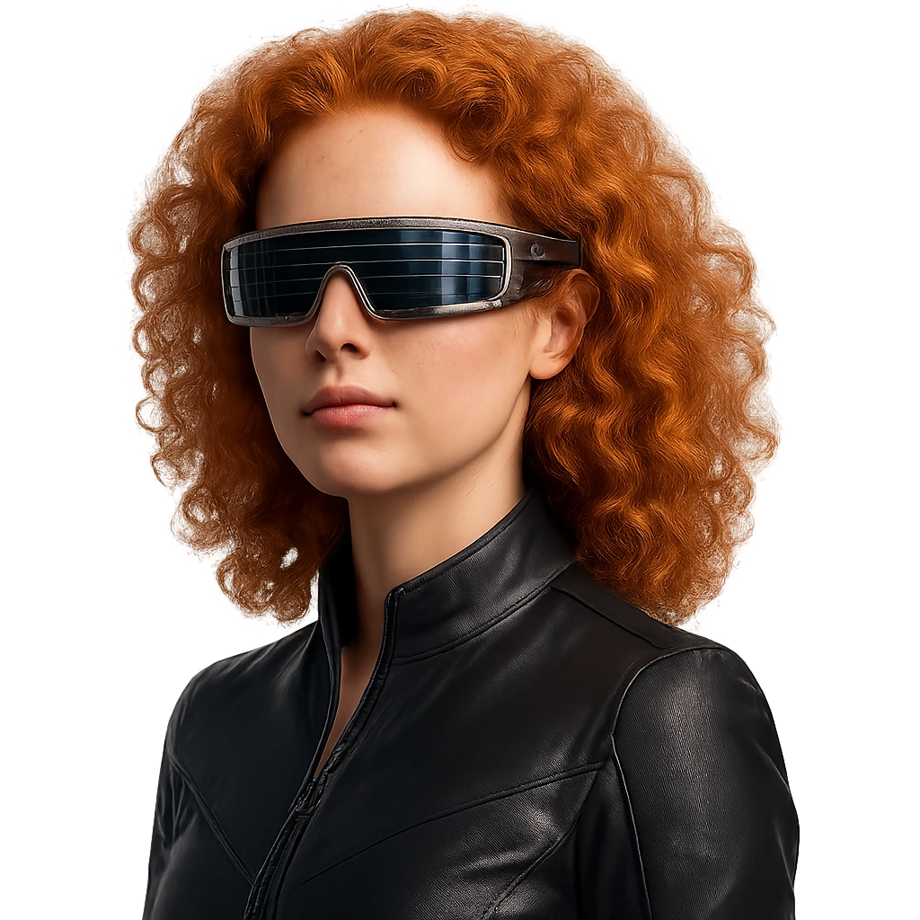 beautiful red-haired person with futuristic solar glasses, confident expression emoji