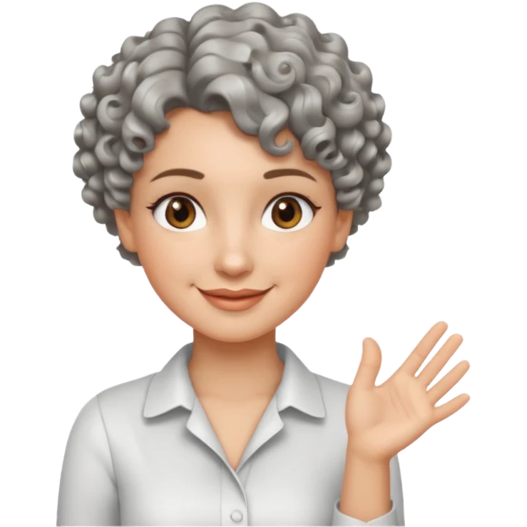 silver, short, wavy-haired with curls, smiling pretty lady, brown/hazel eyes, fingers crossed on right hand

 emoji