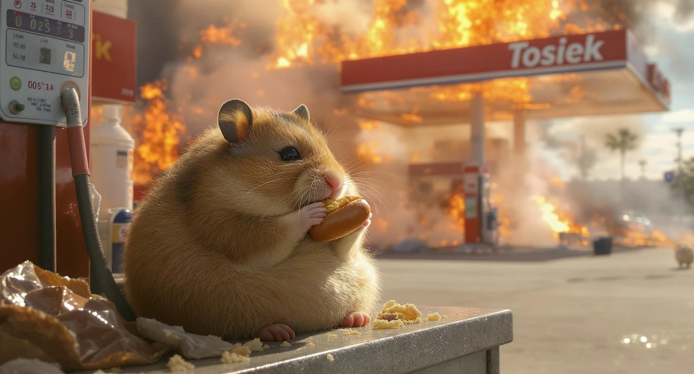 Cinematic still of A portrait of a fat hamster eating hotdog on gas station, gas station is in fire, other hamster fun away, sunny day, back light explosion , gas station named "Tosiek" (Realistic) emoji