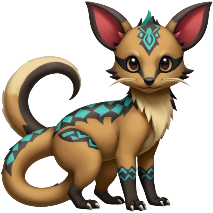 Rare warm-colored exotic cute epic aesthetic gothic colorful Salandit-Eevee-Civet-species-Fakemon-hybrid-creature, with tribal tattoo markings, full body emoji