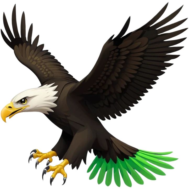 Stylized vector eagle flying sideways, wings spread up. Matte black with neon-green angular feather patterns, fierce face, extended talons. Bold flat sticker style with a thick clean white outline. emoji