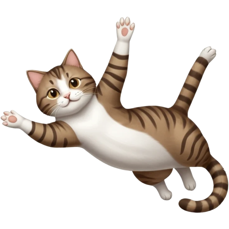 dark brown tabby and white cat with doing a big extremely long stretch reaching up into the air with arms and legs side by side together straight and overextended whilst lying on its side emoji