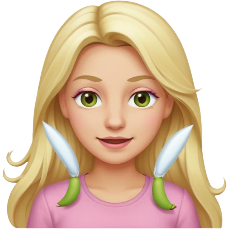 blonde with long hair and swamp-colored eyes, wearing a pastel pink shirt, winking, iOS Apple emoji style emoji