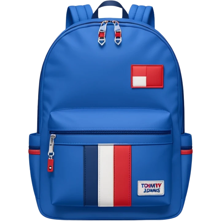 simple blue backpack, at the bottom pocket there is a  logo featuring a Tommy Jeans-inspired logo. The logo looks like A red and white vertically split flag-style patch on the bottom pocket.
 emoji