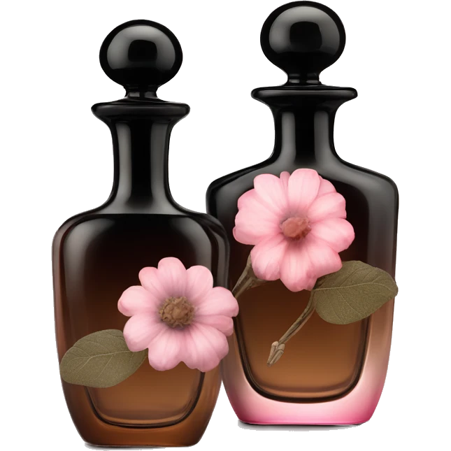 Two English vintage glass perfume bottles from my aristocratic grandmother, exquisite bottle shape, old and shabby, with label, stylish and minimalistic, black and brown with pink gradient, with little herbal and flowers  emoji