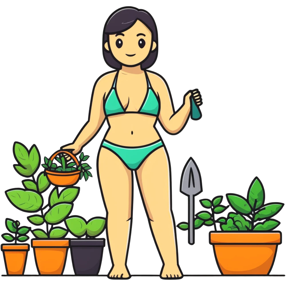woman in bikini gardening with plants emoji