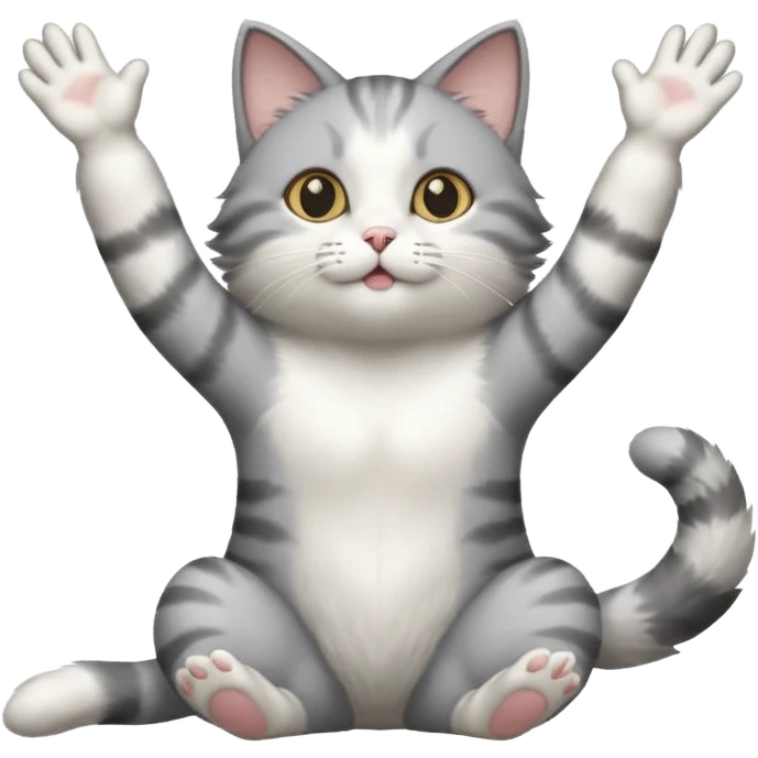 grey and white cat doing a big long stretch reaching up into the airwith arms together emoji