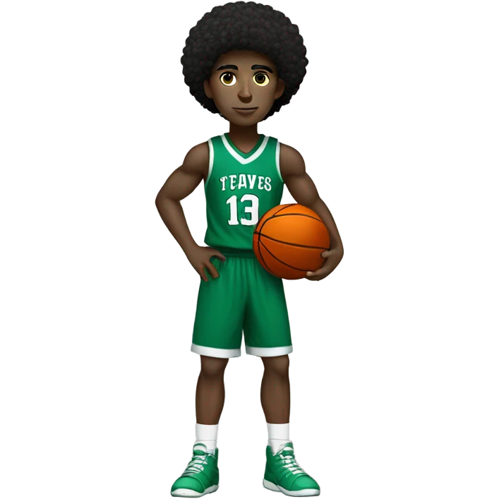 Muscular black Afro light-skinned skinned male teenager in a green basketball uniform holding a basketball.  emoji
