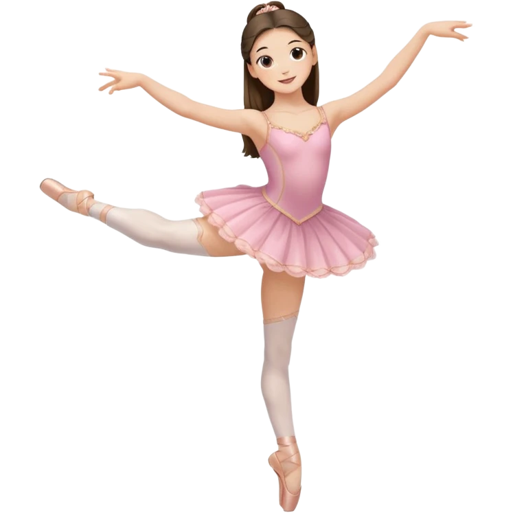 happy pretty white brunette teen long hair with hazel eyes in a ballet costume with one leg up emoji