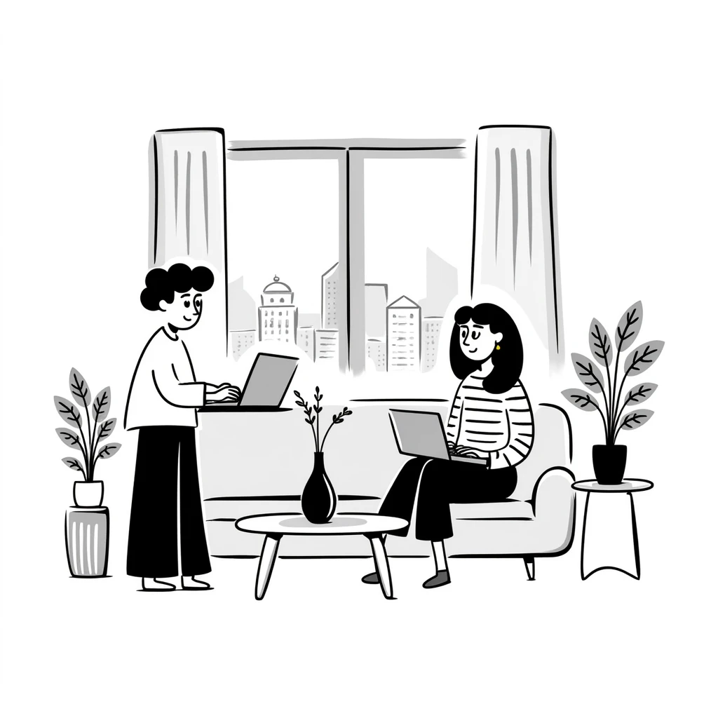 escenary 3d of a cozy mid-century living room with two people working on laptops, one man standing at a desk and one woman sitting on a couch emoji