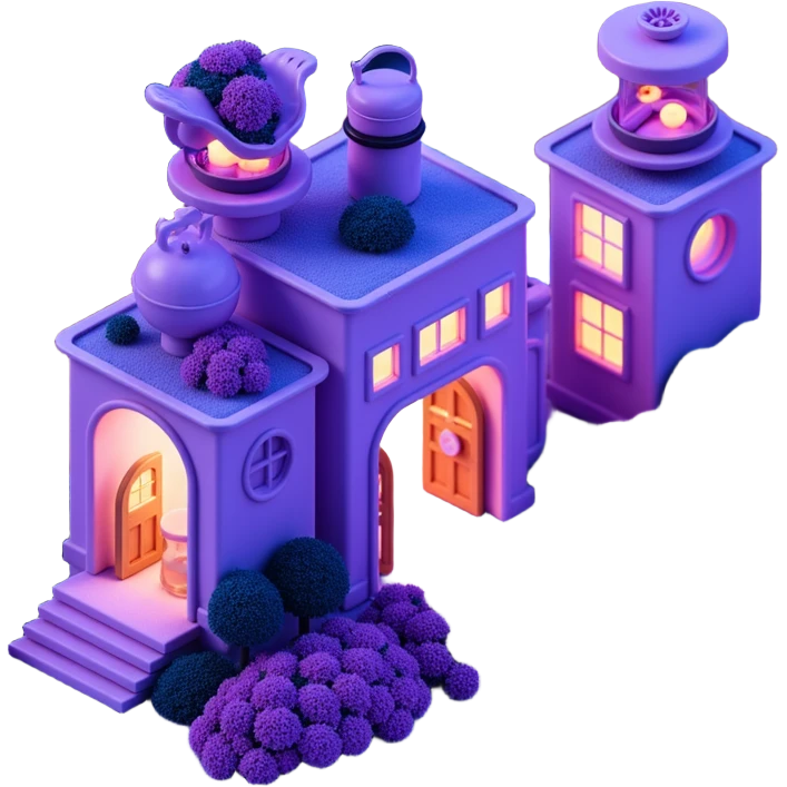 Whimsical jungle farm with cookie-factory-inspired buildings in vibrant purple and blue neon colors, surrounded by glowing plants, wheat fields and vegetables growing from luminous soil, magical atmosphere, surreal skeuomorphism style, robots emoji