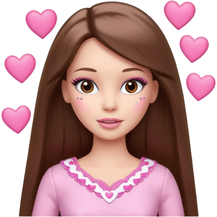Barbie girl and  makeup , brown long straight hair and brown eyes is In pale pink clothes There are pink hearts all around emoji